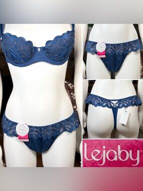 Lejaby Blue Embroidered Scalloped Trim Tanga Style Thong Panty Underwear, Sz XL